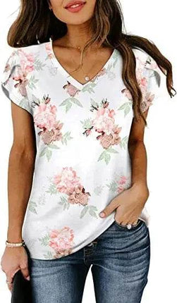 Loose Short Sleeve V-Neck Printed Womens Half Sleeve T-Shirt - MimiStylez