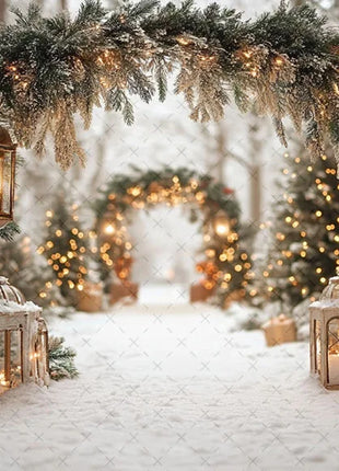 Winter Christmas Forest Glitter Arch Door Xmas Family Portrait Decor Backdrop