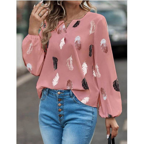 Woman Blouse Shirts For Women Stylish Top long Sleeve Feather Pattern Female Tops Elegant Chiffon Mujer Woman Clothes - MimiStylez