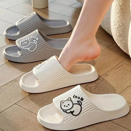 Cute Cartoon Kitten Women's Summer Slippers Indoor Bathroom Cloudy Soft Sole Non-slip Leisure Comfort Couple Home Shoes - MimiStylez