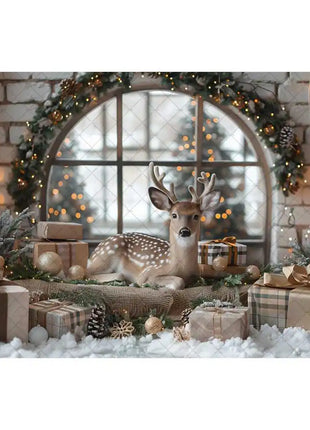 Christmas Photography Backdrop Xmas Tree Wreath Elk Brick Wall Window Snow Scene Backdrop