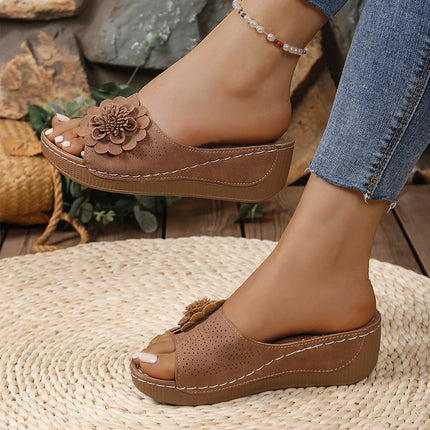 Flower Decor Women Wedge Thick Bottom Platform Sandals Anti Slip Shoes