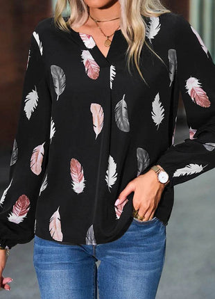 Woman Blouse Shirts For Women Stylish Top long Sleeve Feather Pattern Female Tops Elegant Chiffon Mujer Woman Clothes - MimiStylez