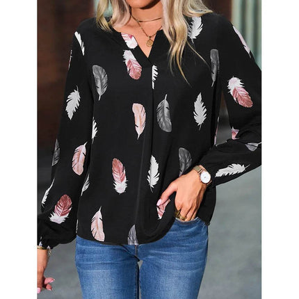 Woman Blouse Shirts For Women Stylish Top long Sleeve Feather Pattern Female Tops Elegant Chiffon Mujer Woman Clothes - MimiStylez
