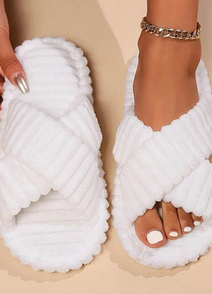 Women Corduroy Cross Strap Home Slippers Men Soft Warm Flat Slides Family Indoor Fashion Concise Plush Sandals - MimiStylez