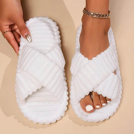 Women Corduroy Cross Strap Home Slippers Men Soft Warm Flat Slides Family Indoor Fashion Concise Plush Sandals - MimiStylez