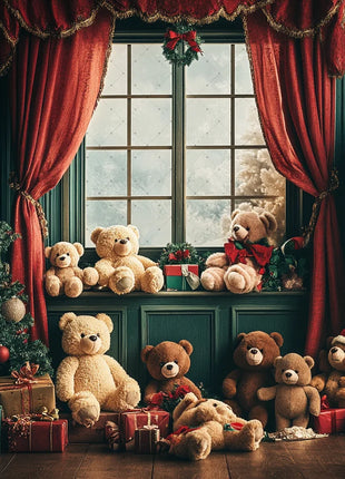 Winter Wonderland Background Banner - Pink Curtains and Snowy Christmas Tree Backdrop