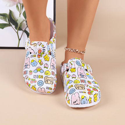 Adorables zuecos con estampado de dibujos animados para mujer: cinturón con hebilla ajustable, suela antideslizante y puntera cerrada.