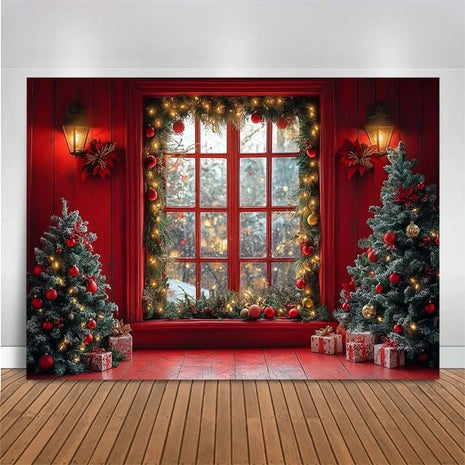 Christmas Tree Red Door Window Snow Backdrop