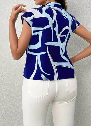 Brush Print Tie Neck Blouse, Elegant Short Sleeve - MimiStylez