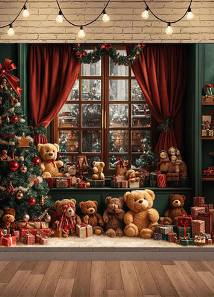 Winter Wonderland Background Banner - Pink Curtains and Snowy Christmas Tree Background