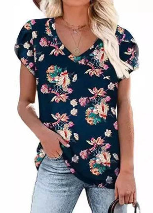 Loose Short Sleeve V-Neck Printed Womens Half Sleeve T-Shirt - MimiStylez