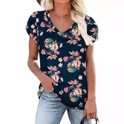 Loose Short Sleeve V-Neck Printed Womens Half Sleeve T-Shirt - MimiStylez