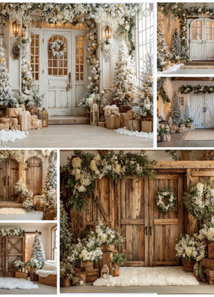 Christmas Backgrounds For Photographs Christmas Tree White Wooden Door Winter Snow Decorations