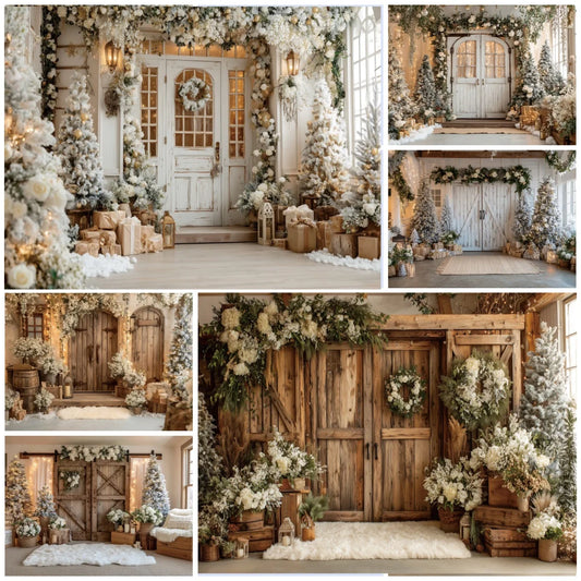 Christmas Backgrounds For Photographs Christmas Tree White Wooden Door Winter Snow Decorations