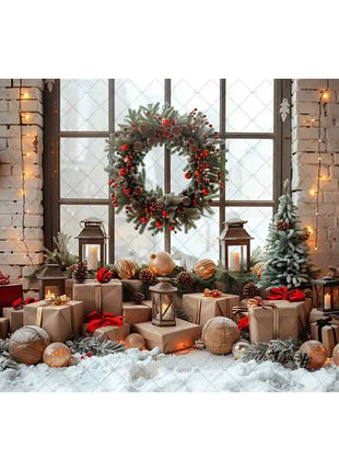 Christmas Photography Backdrop Xmas Tree Wreath Elk Brick Wall Window Snow Scene Backdrop
