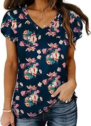 Loose Short Sleeve V-Neck Printed Womens Half Sleeve T-Shirt - MimiStylez