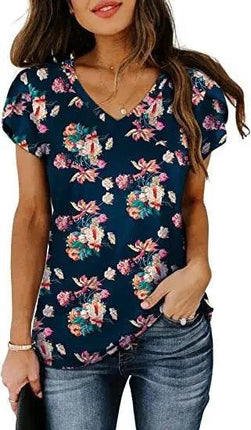 Loose Short Sleeve V-Neck Printed Womens Half Sleeve T-Shirt - MimiStylez