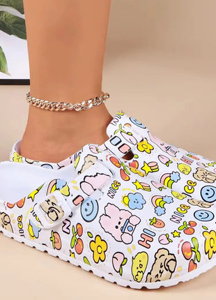 Adorable Womens Cartoon Print Clogs - Adjustable Buckle Belt, Non-Slip Soles, Closed Toe Comfort