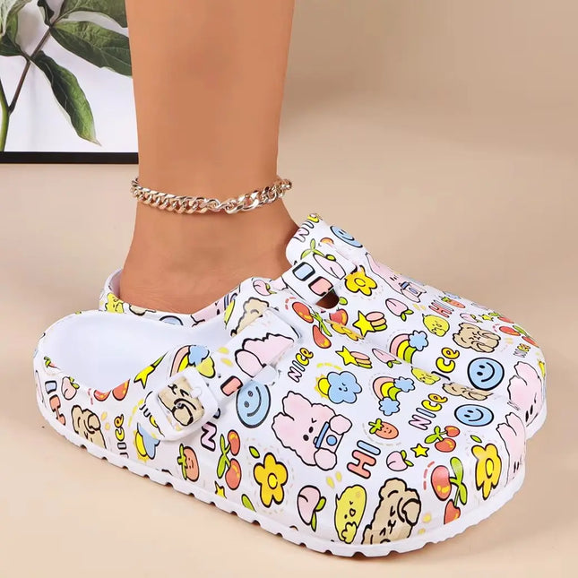 Adorables zuecos con estampado de dibujos animados para mujer: cinturón con hebilla ajustable, suela antideslizante y puntera cerrada.