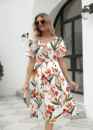 Ladies fashion elegant printed crew neck short sleeve zipper dress - MimiStylez