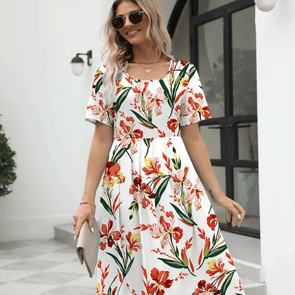 Ladies fashion elegant printed crew neck short sleeve zipper dress - MimiStylez