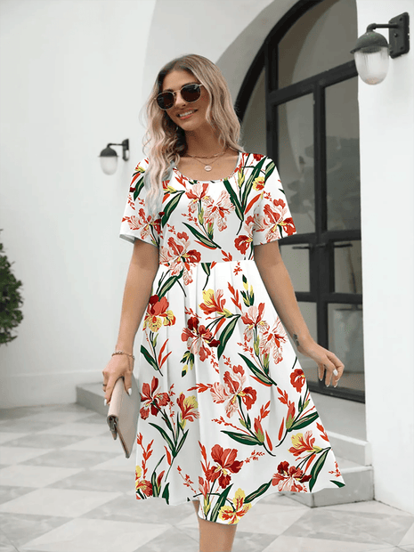 Ladies fashion elegant printed crew neck short sleeve zipper dress - MimiStylez
