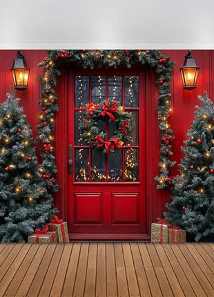 Christmas Tree Red Door Window Snow Backdrop