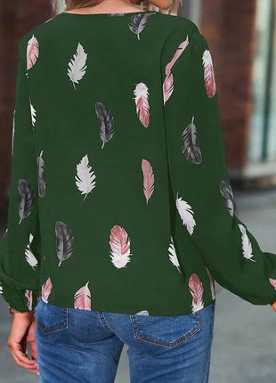 Woman Blouse Shirts For Women Stylish Top long Sleeve Feather Pattern Female Tops Elegant Chiffon Mujer Woman Clothes - MimiStylez