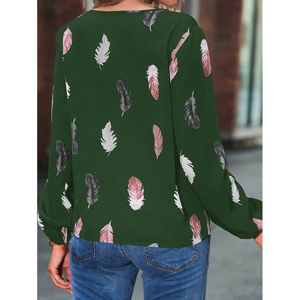 Woman Blouse Shirts For Women Stylish Top long Sleeve Feather Pattern Female Tops Elegant Chiffon Mujer Woman Clothes - MimiStylez