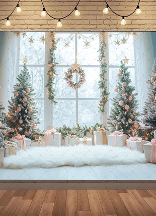 Backdrop Christmas Trees Stars Portrait Window Tulle Curtains Gift Decor