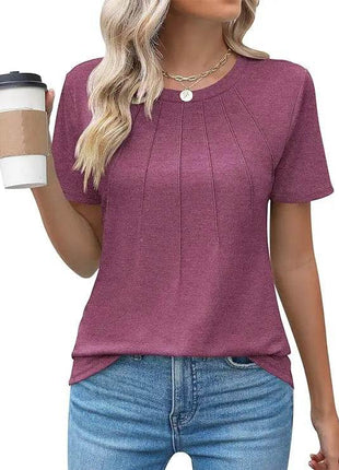 Womens Tunic Tops V Neck Shirts Short Sleeve Puff Pleated Casual Blouses Puff Pleated Work Blouse - MimiStylez