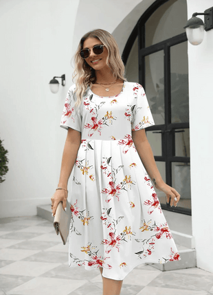 Women's Fashion Loose Flower Print Round Neck Short Sleeve Pocket Dress - MimiStylez