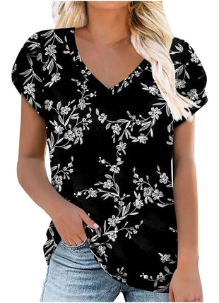 Loose Short Sleeve V-Neck Printed Womens Half Sleeve T-Shirt - MimiStylez