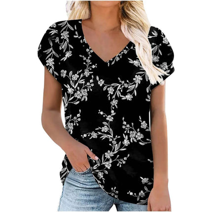 Loose Short Sleeve V-Neck Printed Womens Half Sleeve T-Shirt - MimiStylez