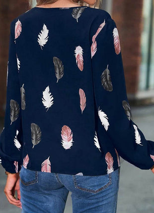 Woman Blouse Shirts For Women Stylish Top long Sleeve Feather Pattern Female Tops Elegant Chiffon Mujer Woman Clothes - MimiStylez