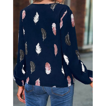 Woman Blouse Shirts For Women Stylish Top long Sleeve Feather Pattern Female Tops Elegant Chiffon Mujer Woman Clothes - MimiStylez