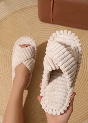 Women Corduroy Cross Strap Home Slippers Men Soft Warm Flat Slides Family Indoor Fashion Concise Plush Sandals - MimiStylez