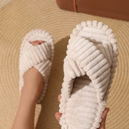 Women Corduroy Cross Strap Home Slippers Men Soft Warm Flat Slides Family Indoor Fashion Concise Plush Sandals - MimiStylez