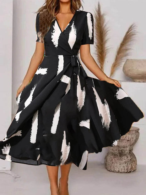 Women's V-neck short sleeve long printed floral waist elegant stylish fitted dress - MimiStylez