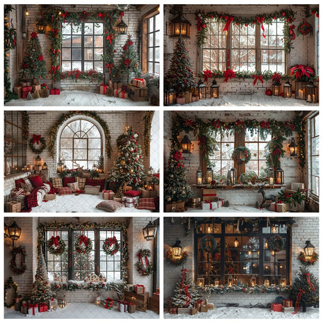Christmas Photography Backdrop Xmas Tree Wreath Elk Brick Wall Window Snow Scene Backdrop
