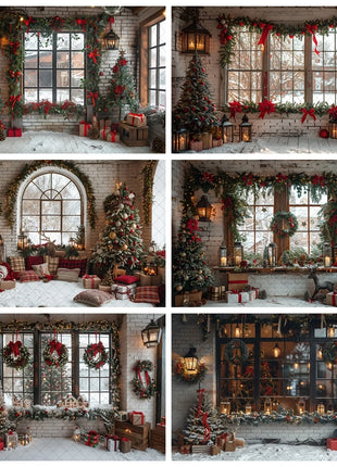 Christmas Photography Backdrop Xmas Tree Wreath Elk Brick Wall Window Snow Scene Backdrop