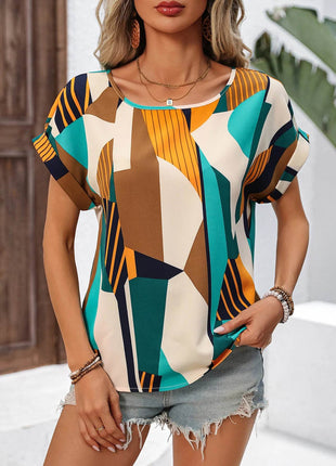 Wwomen's fashionable and elegant geometric pattern printed bat sleeve shirt - MimiStylez