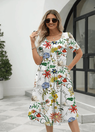 Women's Fashion Loose Flower Print Round Neck Short Sleeve Pocket Dress - MimiStylez