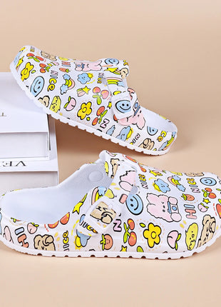 Adorable Womens Cartoon Print Clogs - Adjustable Buckle Belt, Non-Slip Soles, Closed Toe Comfort