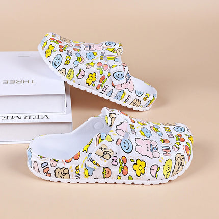Adorables zuecos con estampado de dibujos animados para mujer: cinturón con hebilla ajustable, suela antideslizante y puntera cerrada.