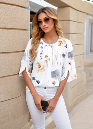 Pullover flared sleeve pleated shirt fashion five-quarter sleeve shirt women - MimiStylez