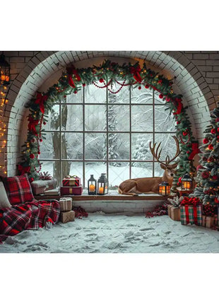 Christmas Photography Backdrop Xmas Tree Wreath Elk Brick Wall Window Snow Scene Backdrop