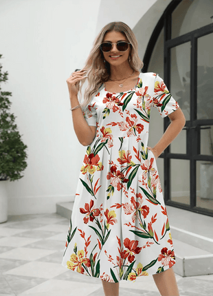 Ladies fashion elegant printed crew neck short sleeve zipper dress - MimiStylez