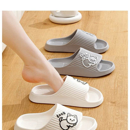 Cute Cartoon Kitten Women's Summer Slippers Indoor Bathroom Cloudy Soft Sole Non-slip Leisure Comfort Couple Home Shoes - MimiStylez